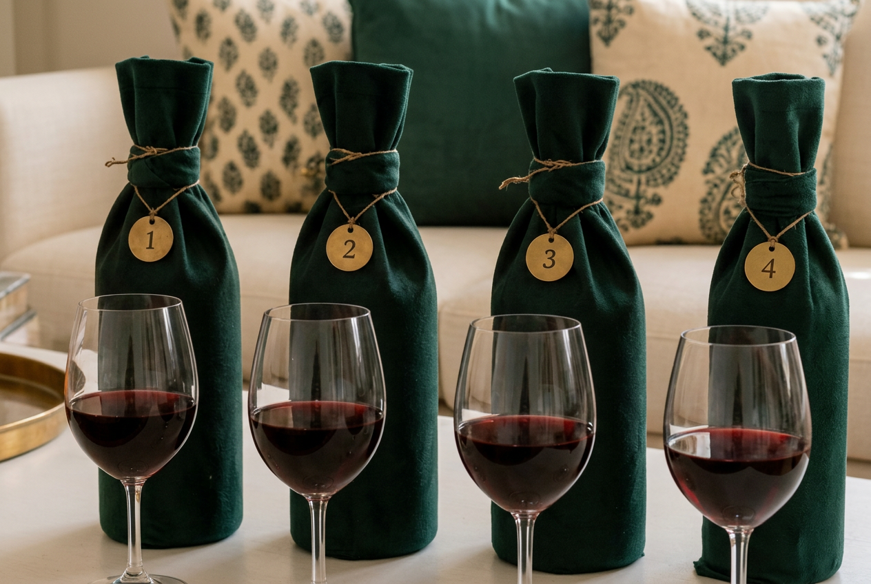 Four concealed wine bottles with numbered tags and glasses of red wine ready for a blind tasting
