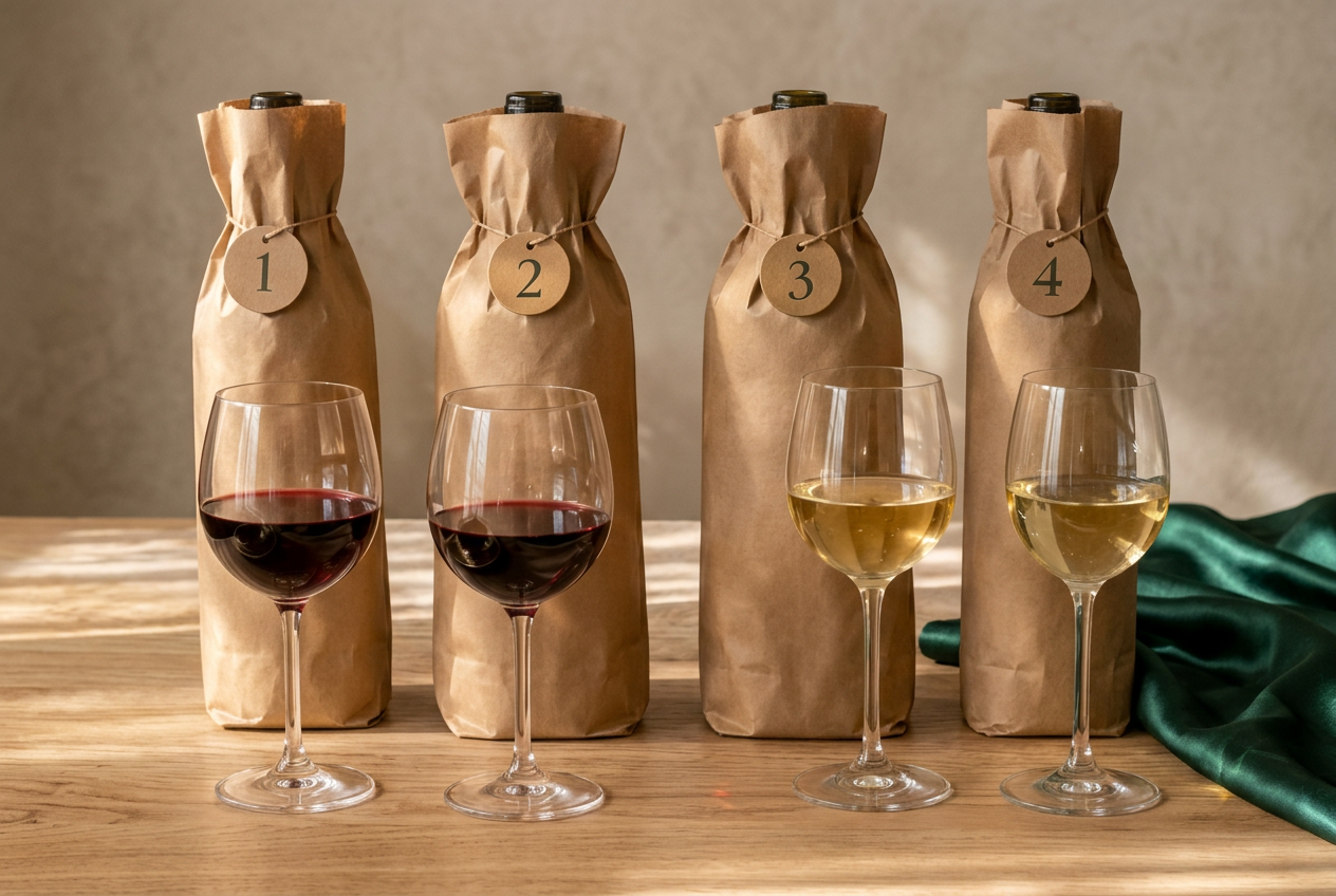 Four mystery wine bottles wrapped in paper with numbered tags and glasses ready for a blind value tasting